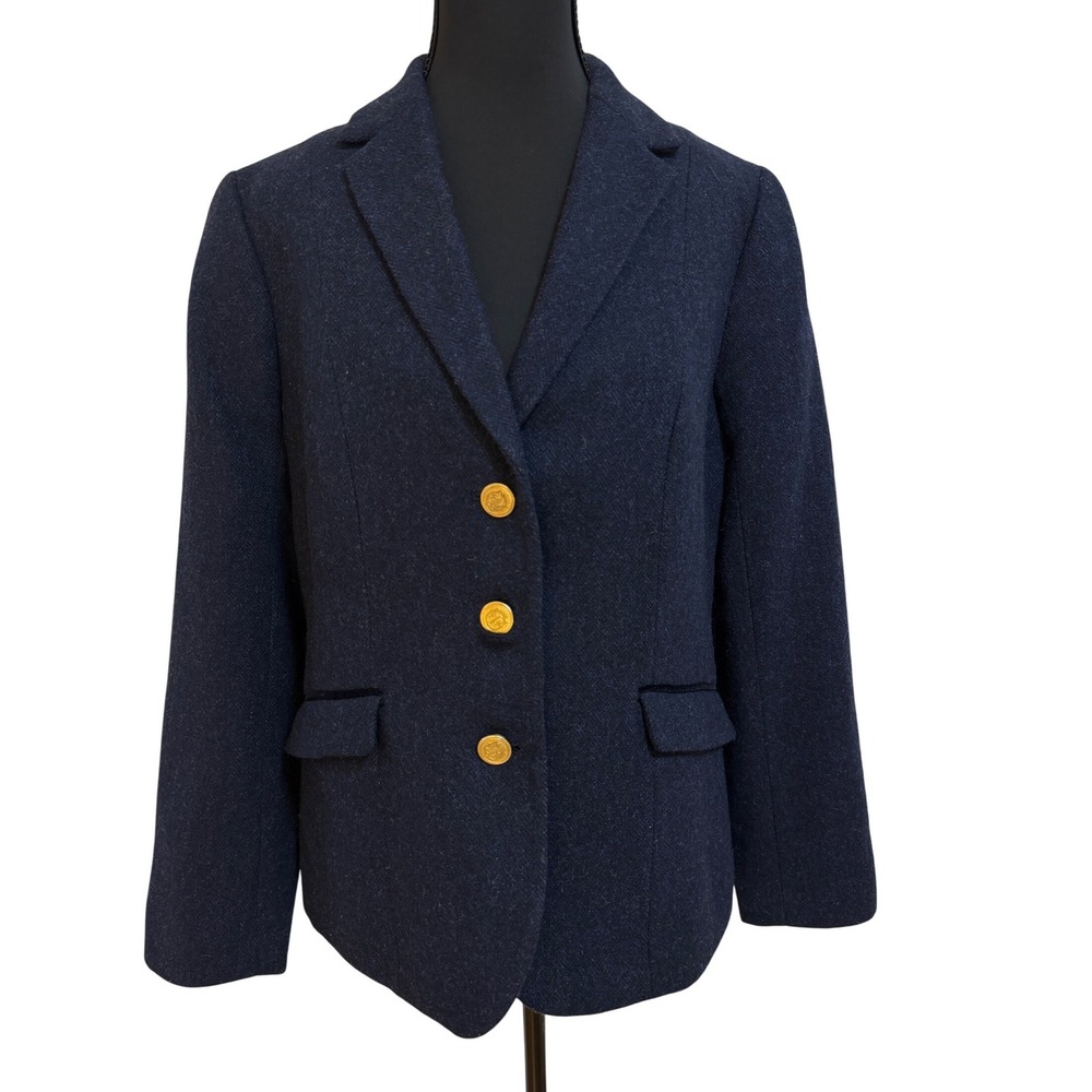 Talbots Aberdeen Navy Blue Wool Herringbone Blazer Gold Crest Buttons Womens 8‎